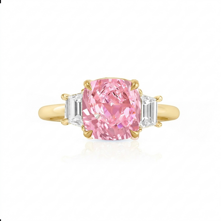 Fancy Pink Cushion Cut Lab Grown Diamond Engagement Ring with Trapezoid Sidestones