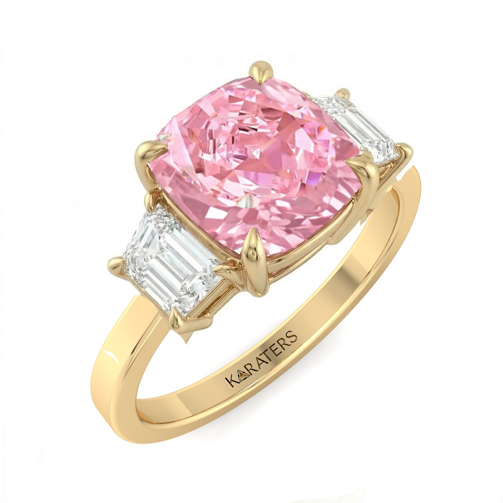 Fancy Pink Cushion Cut Lab Grown Diamond Engagement Ring with Trapezoid Sidestones