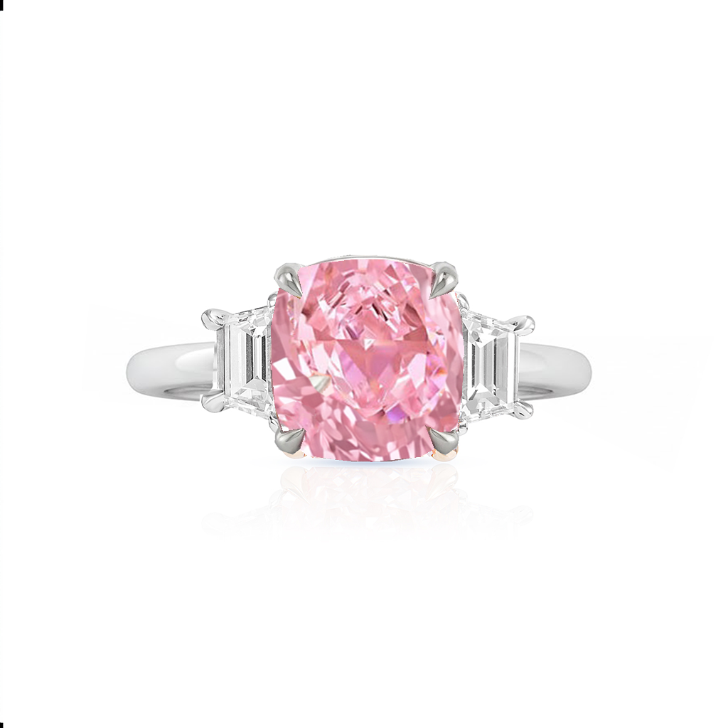 Fancy Pink Cushion Cut Lab Grown Diamond Engagement Ring with Trapezoid Sidestones