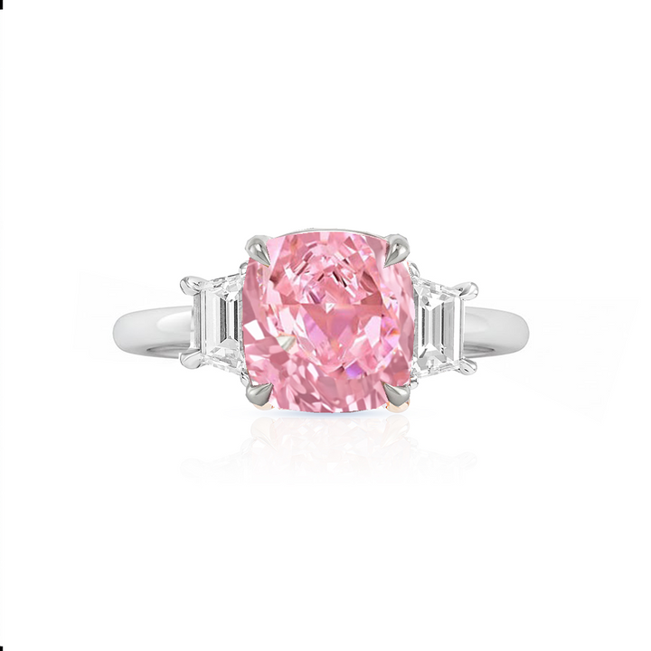 Fancy Pink Cushion Cut Lab Grown Diamond Engagement Ring with Trapezoid Sidestones