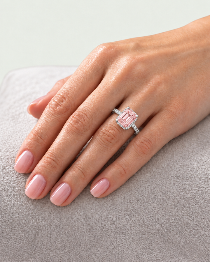 Fancy Pink Emerald Shape Lab-Grown Diamond Halo Pave Engagement Ring lifestyle white 2