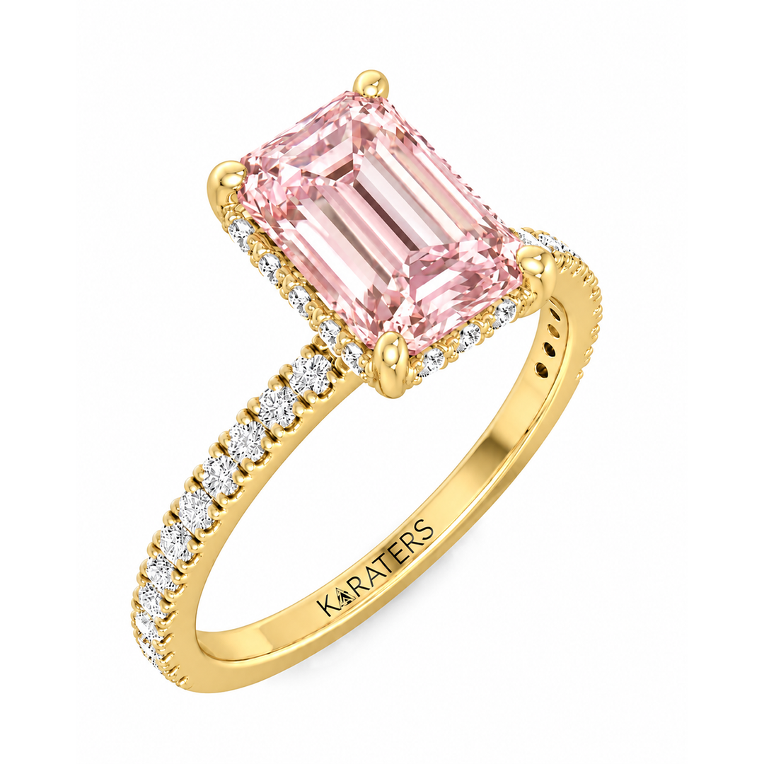 Fancy Pink Emerald Shape Lab-Grown Diamond Halo Pave Engagement Ring yellow