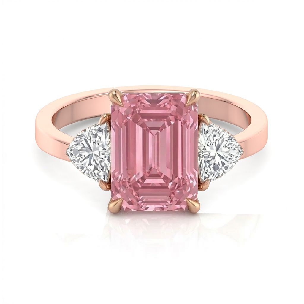 Fancy Pink Emerald Shape Lab-Grown  Engagement Ring with Trillion Sidestones RG 2