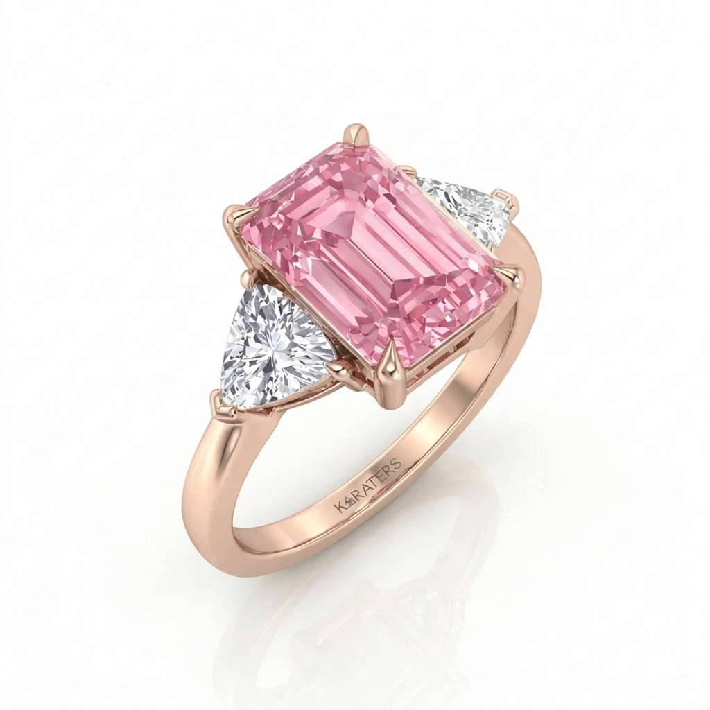 Fancy Pink Emerald Shape Lab-Grown  Engagement Ring with Trillion Sidestones RG