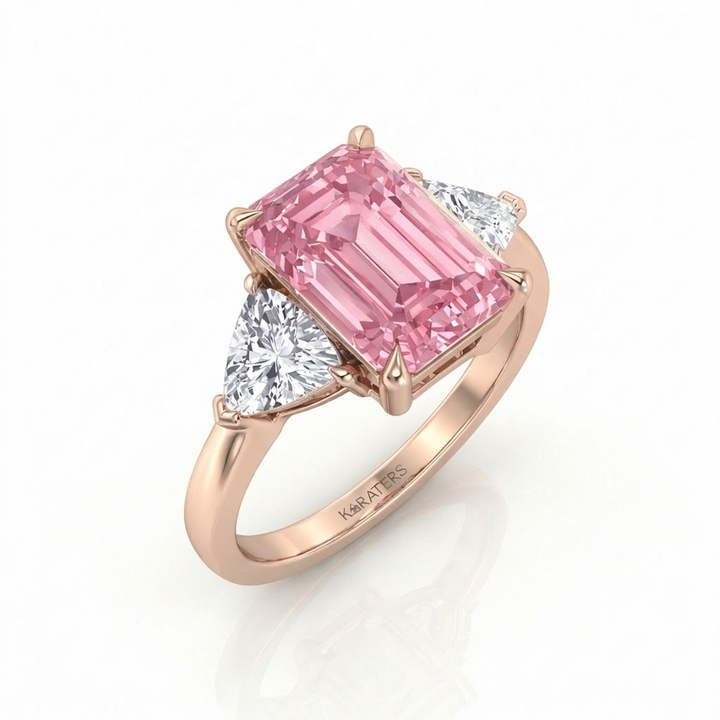 Fancy Pink Emerald Shape Lab-Grown  Engagement Ring with Trillion Sidestones RG