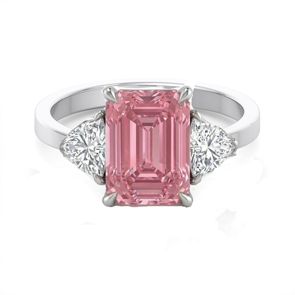 Fancy Pink Emerald Shape Lab-Grown  Engagement Ring with Trillion Sidestones WG2