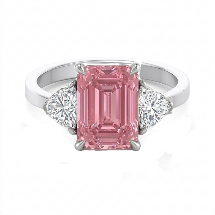 Fancy Pink Emerald Shape Lab-Grown  Engagement Ring with Trillion Sidestones WG2