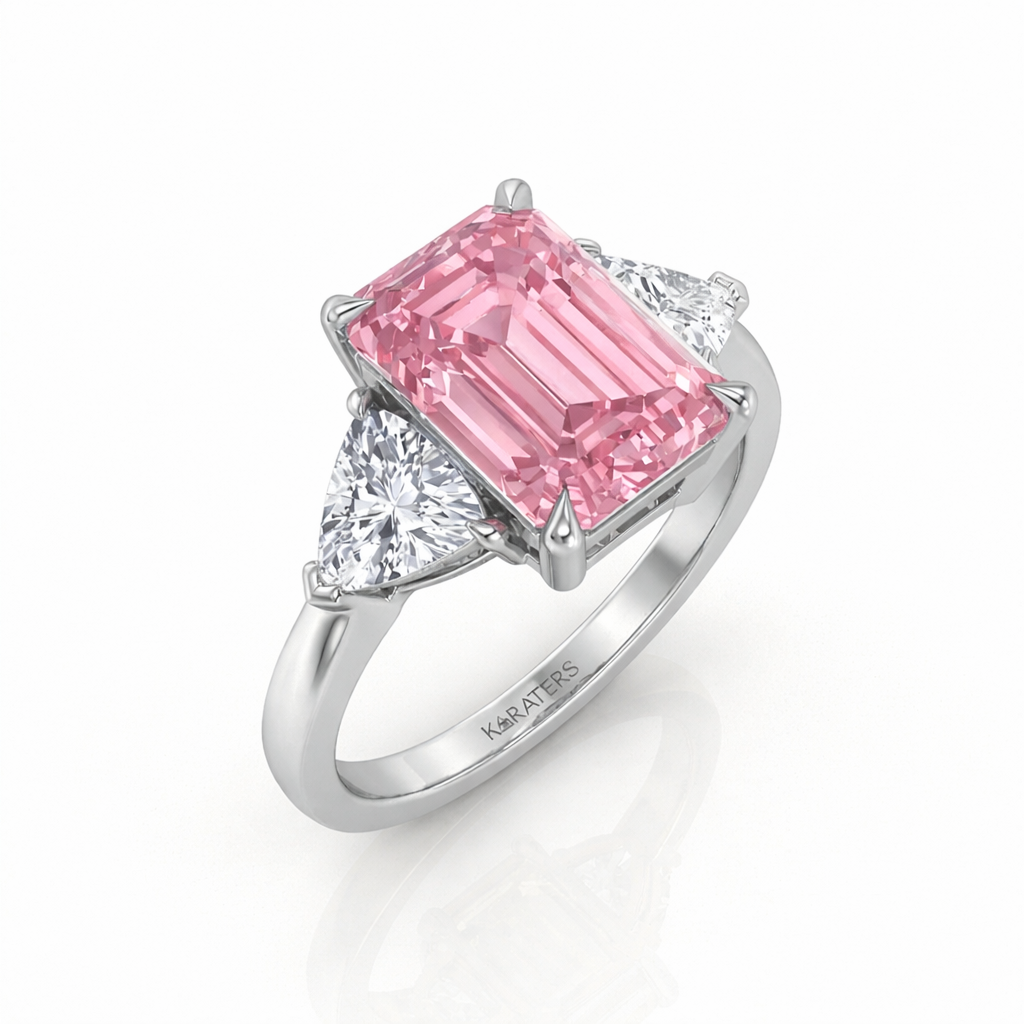 Fancy Pink Emerald Shape Lab-Grown  Engagement Ring with Trillion Sidestones 