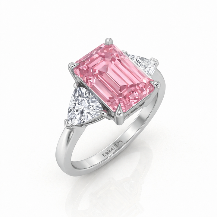 Fancy Pink Emerald Shape Lab-Grown  Engagement Ring with Trillion Sidestones 