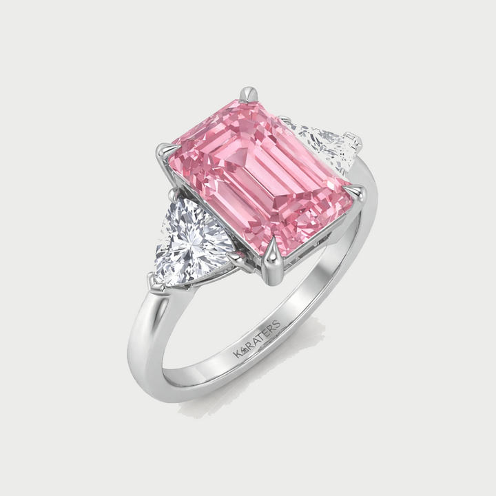 Fancy Pink Emerald Shape Lab-Grown  Engagement Ring with Trillion Sidestones WG