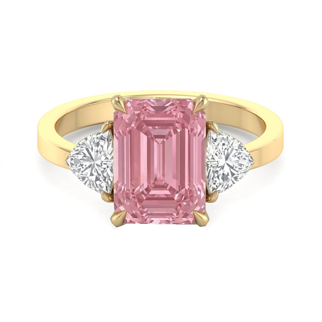 Fancy Pink Emerald Shape Lab-Grown  Engagement Ring with Trillion Sidestones YG 2