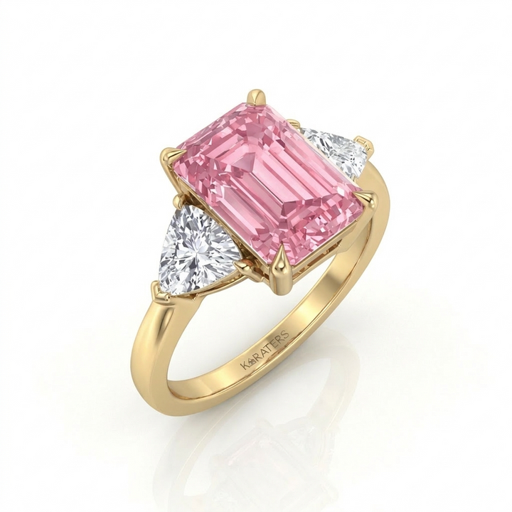 Fancy Pink Emerald Shape Lab-Grown  Engagement Ring with Trillion Sidestones YG