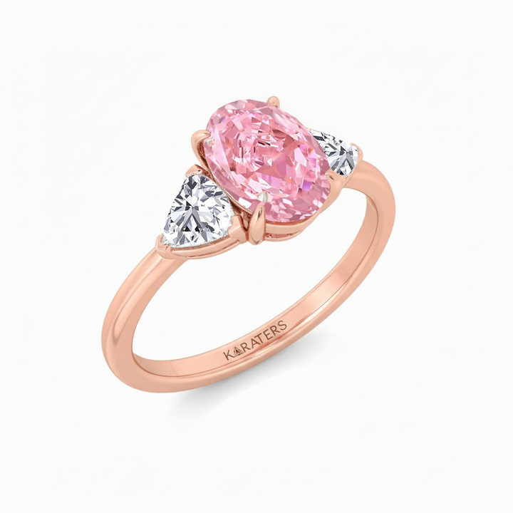 Fancy Pink Oval Shape Lab Grown Diamond Three Stone Engagement Ring RG