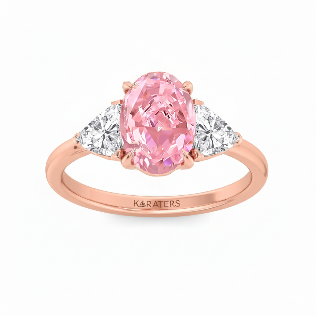 Fancy Pink Oval Shape Lab Grown Diamond Three Stone Engagement Ring RG 2
