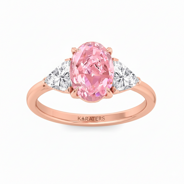 Fancy Pink Oval Shape Lab Grown Diamond Three Stone Engagement Ring RG 2