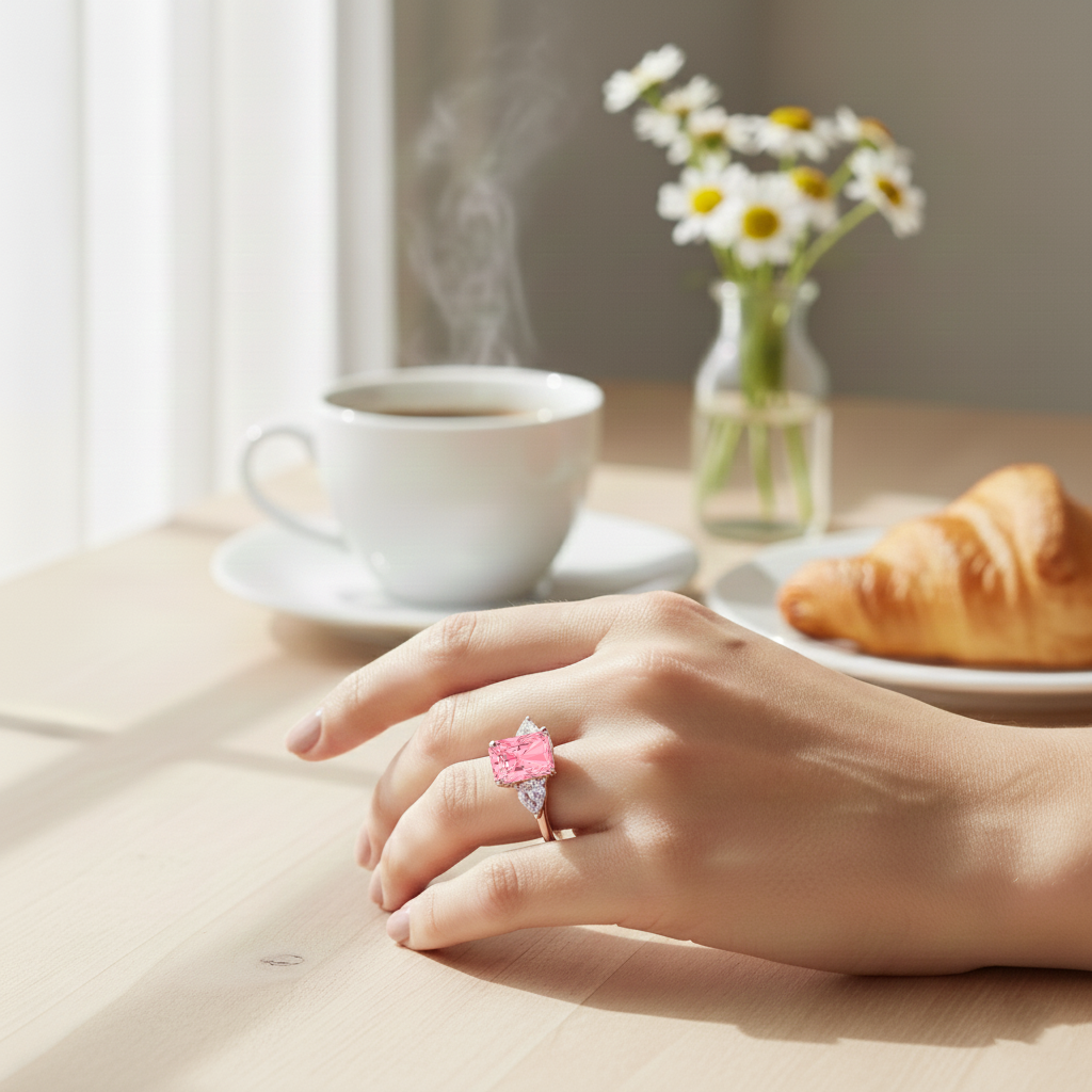 Rose Gold Pink Radiant Cut Ring lifestyle