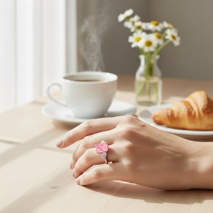 Rose Gold Pink Radiant Cut Ring lifestyle
