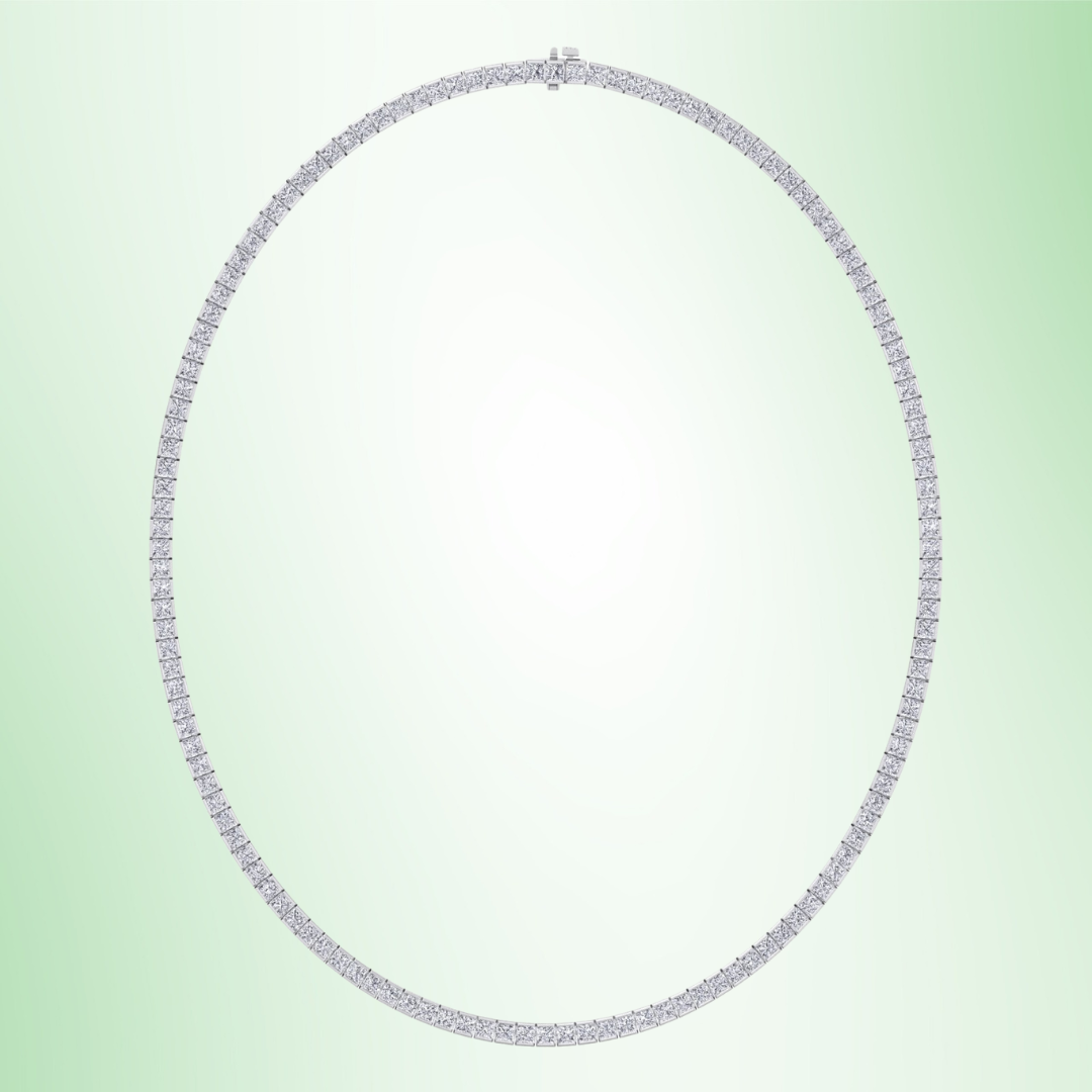 Channel Setting Princess Cut Lab-Grown Diamond Tennis Necklace  14K Solid Gold-7CT-12CT