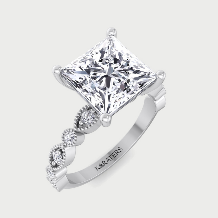 Princess Cut Lab-Grown Diamond Engagement Ring with Detailed SideStones