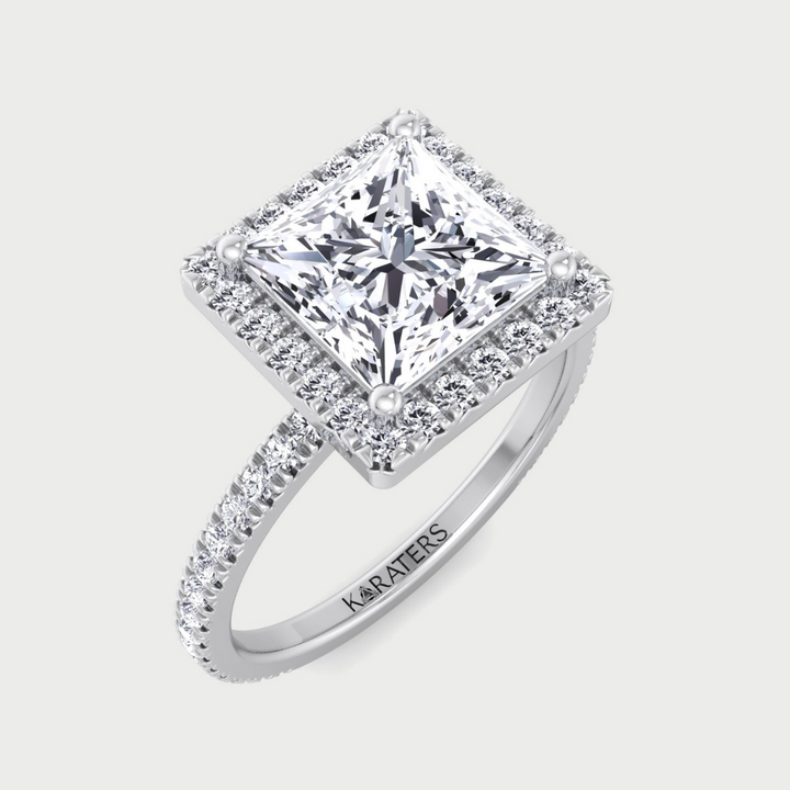 Princess Cut Lab Grown Diamond Engagement Ring With Pave SideStones & Halo
