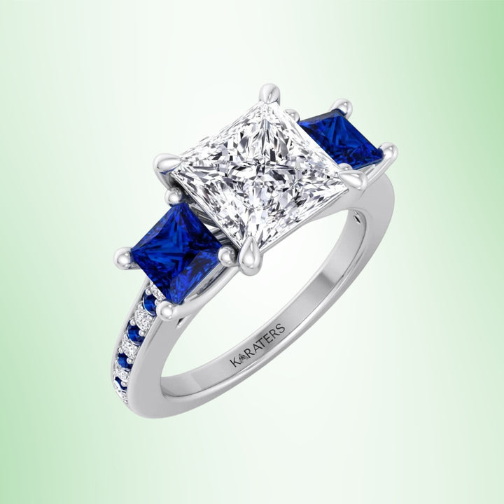 Princess Lab Diamond Engagement Ring Blue Sapphire Sidestones