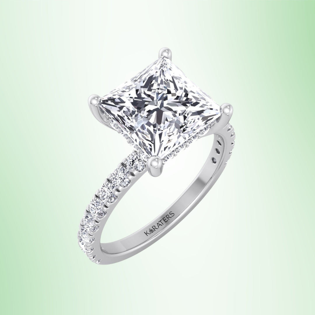 Princess Lab Diamond Engagement Ring Hidden Halo Pave Band