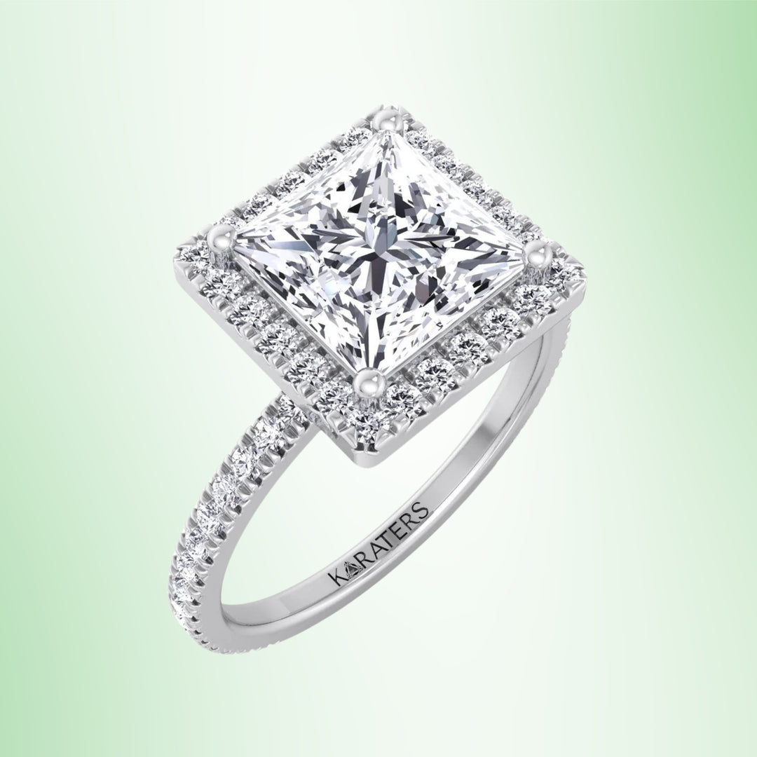 Princess Lab Diamond Ring Pave SideStones & Halo White
