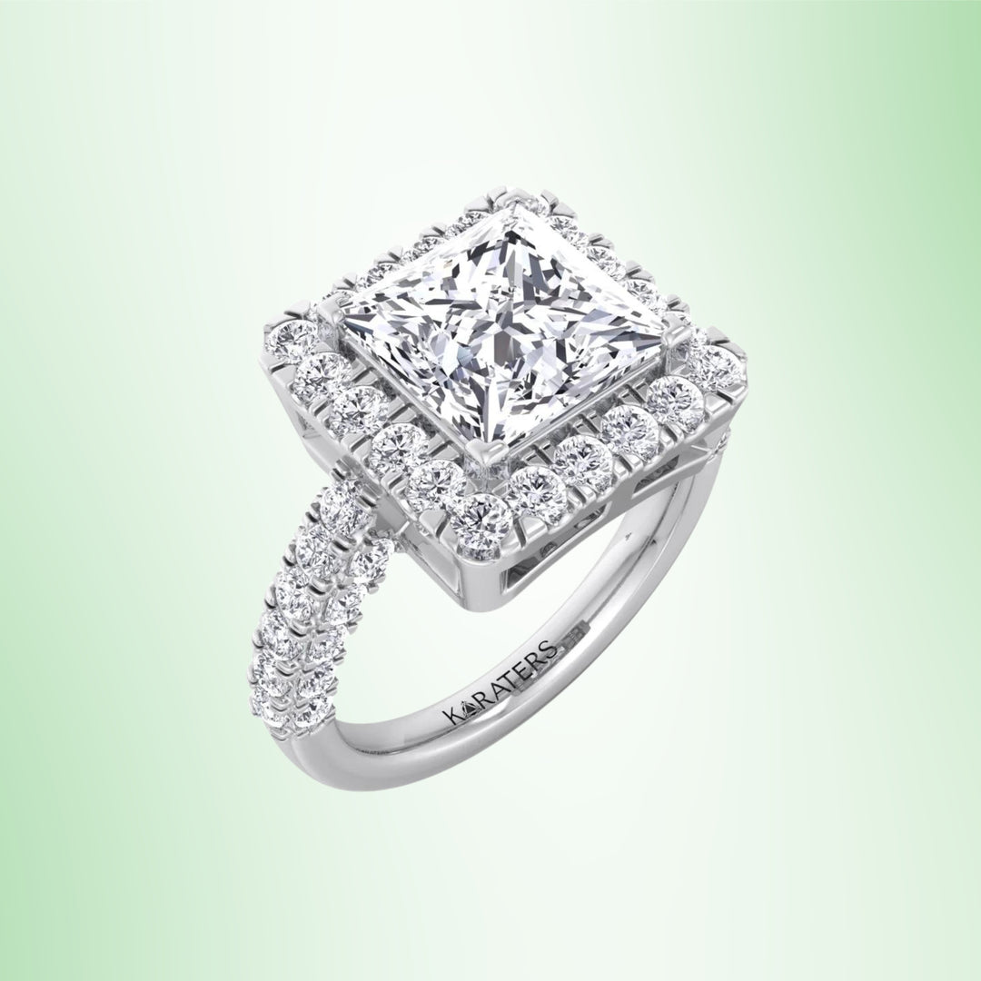 Princess Lab Diamond Halo Engagement Ring Semi Pave Band