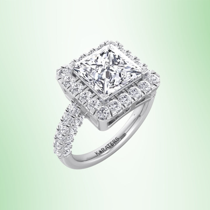 Princess Lab Diamond Halo Engagement Ring Semi Pave Band