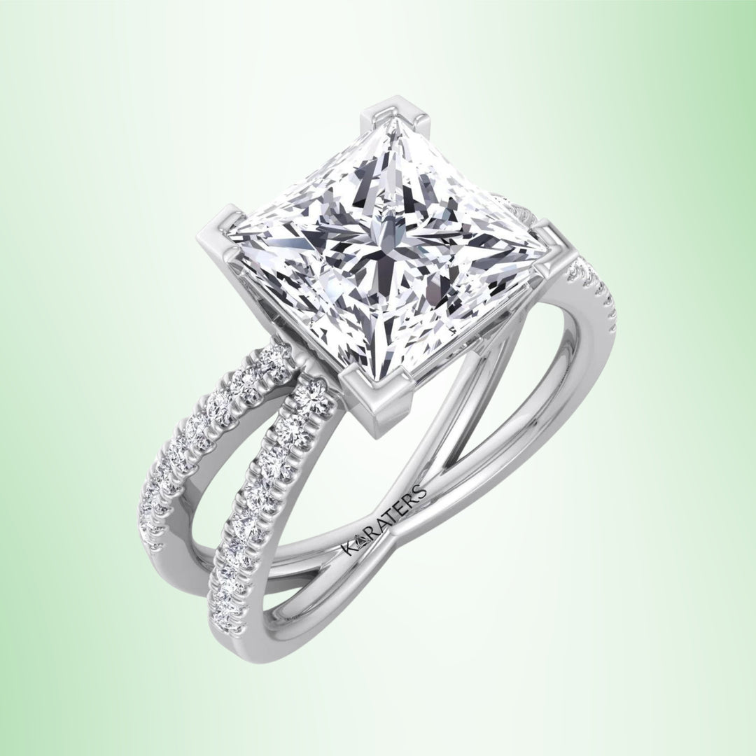 Princess Lab Diamond Ring Criss Cross Pave Band White