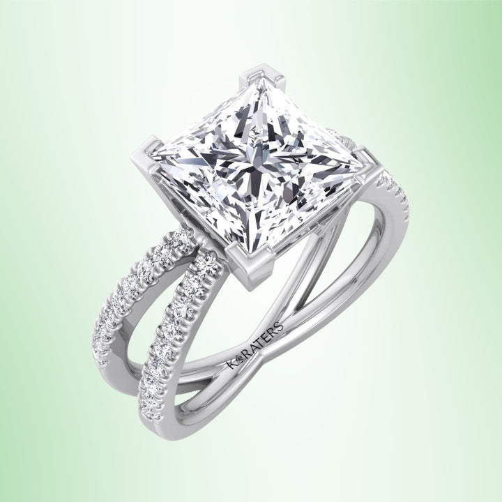 Princess Lab Diamond Ring Criss Cross Pave Band White