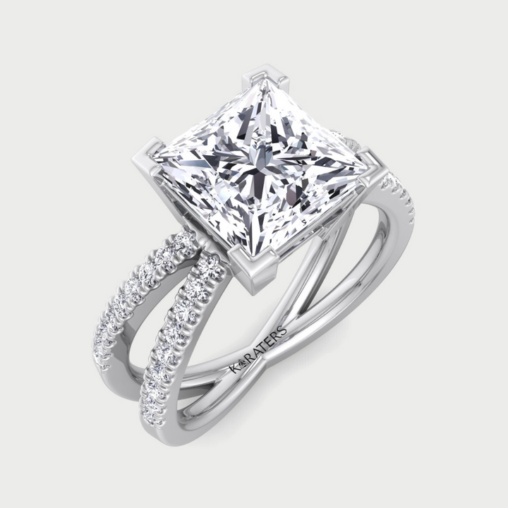 Princess Lab Diamond Ring Criss Cross Pave Band White