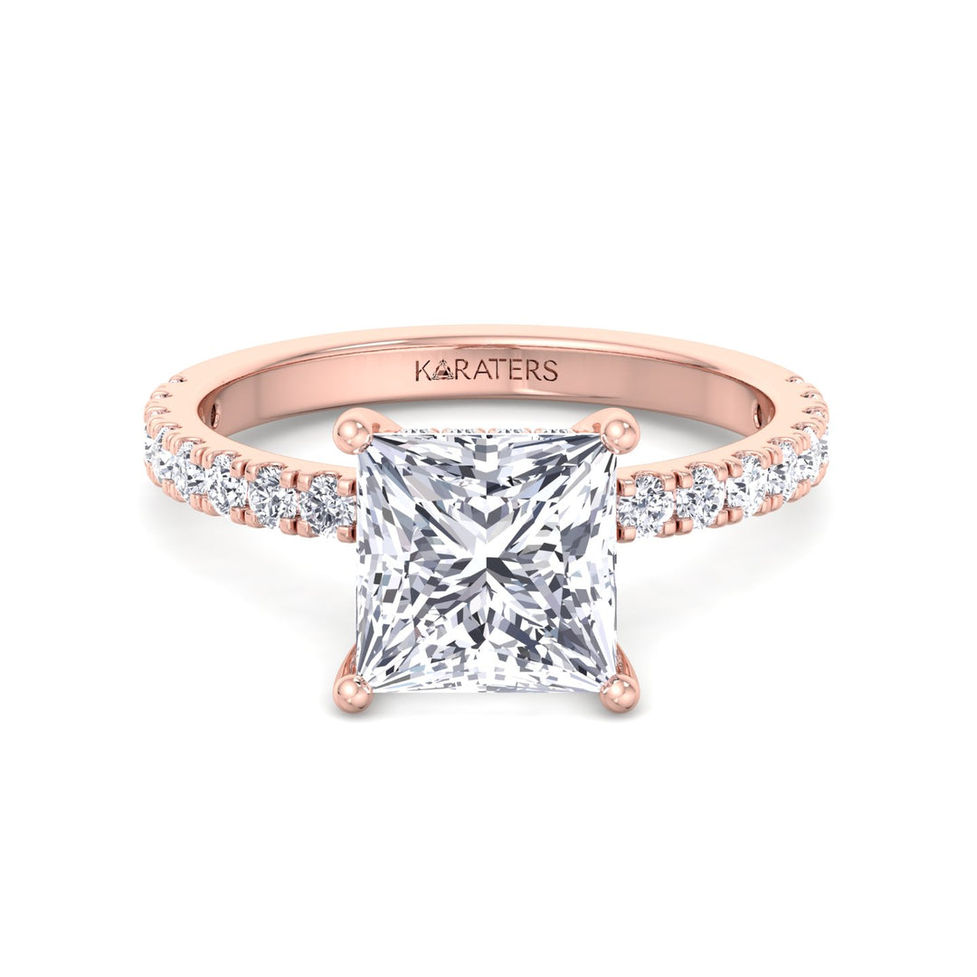 Princess Lab Diamond Rose Gold Ring Hidden Halo Pave 