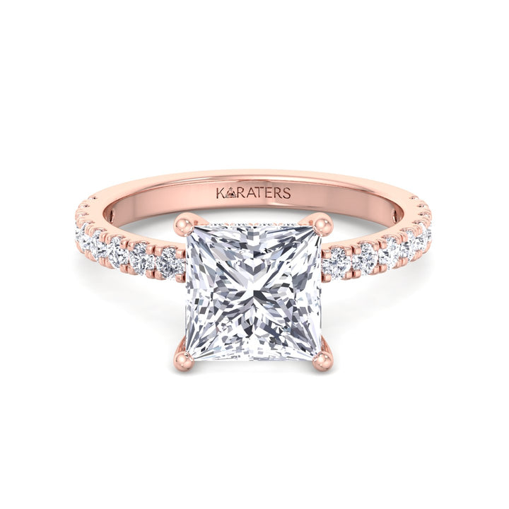 Princess Lab Diamond Rose Gold Ring Hidden Halo Pave 