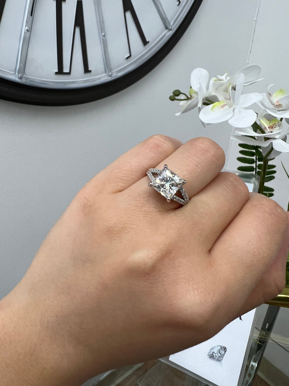 Princess Lab Diamond Solitaire Ring Double Band 