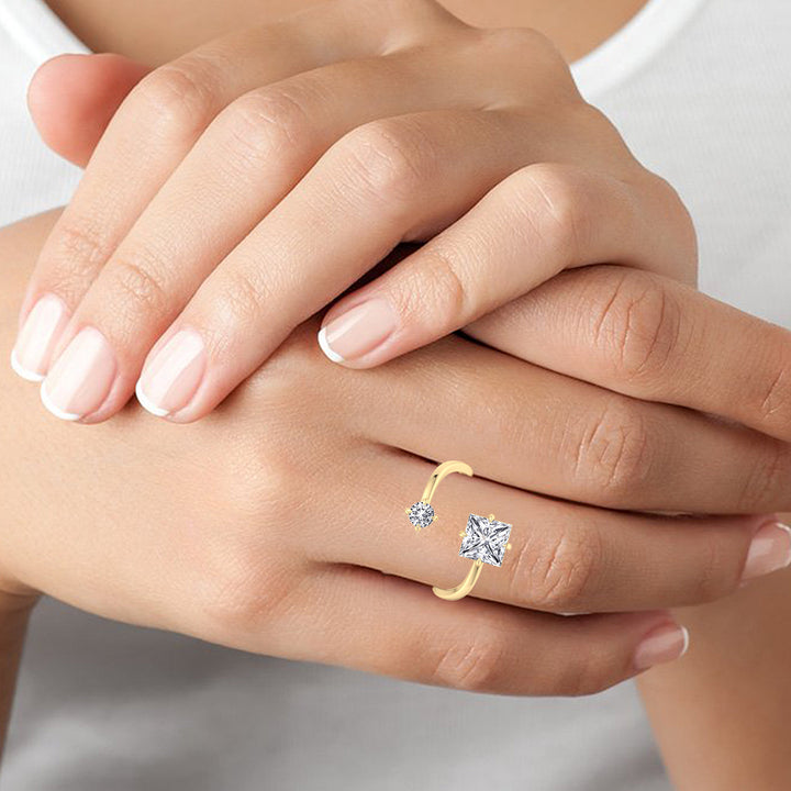 Princess & Round Lab Diamond Open Yellow Gold Ring 