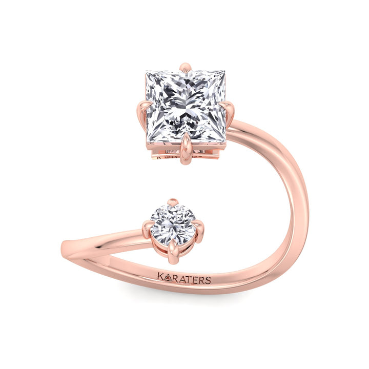 Princess & Round Shape Lab Diamond Open Rose Gold Ring 