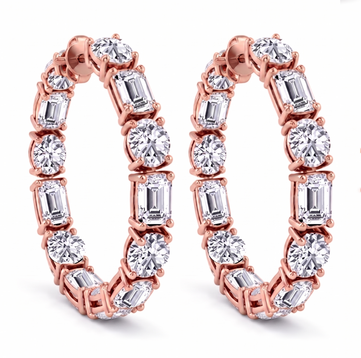 Emerald Cut and Round Alternating Natural Diamond Hoop Earrings RG 2