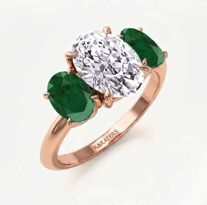 Oval Shape Lab Grown with Green Emerald Oval Shape Sidestone RG