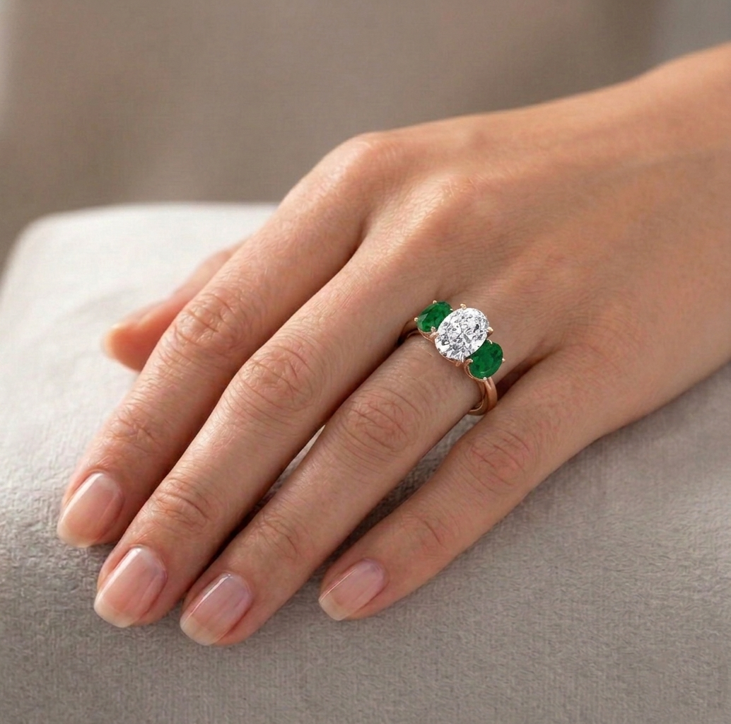 Oval Shape Lab Grown with Green Emerald Oval Shape Sidestone RG lifestyle