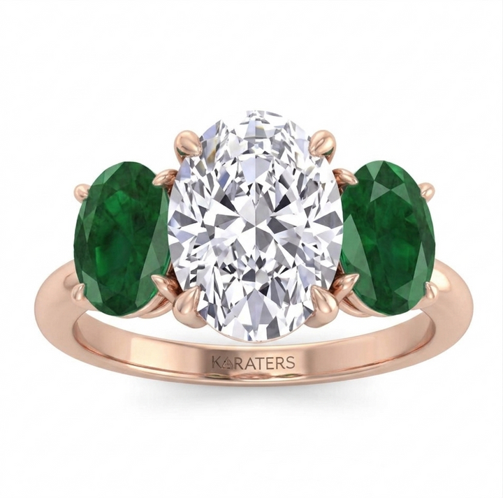 Oval Shape Lab Grown with Green Emerald Oval Shape Sidestone RG 2