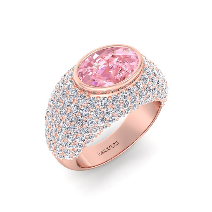 Fancy Pink Oval Shape Lab Grown  In Wide Pave Band Ring RG