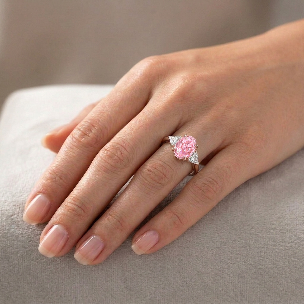 Fancy Pink Oval Shape Lab Grown Diamond Engagement Ring with Trillion Sidestone