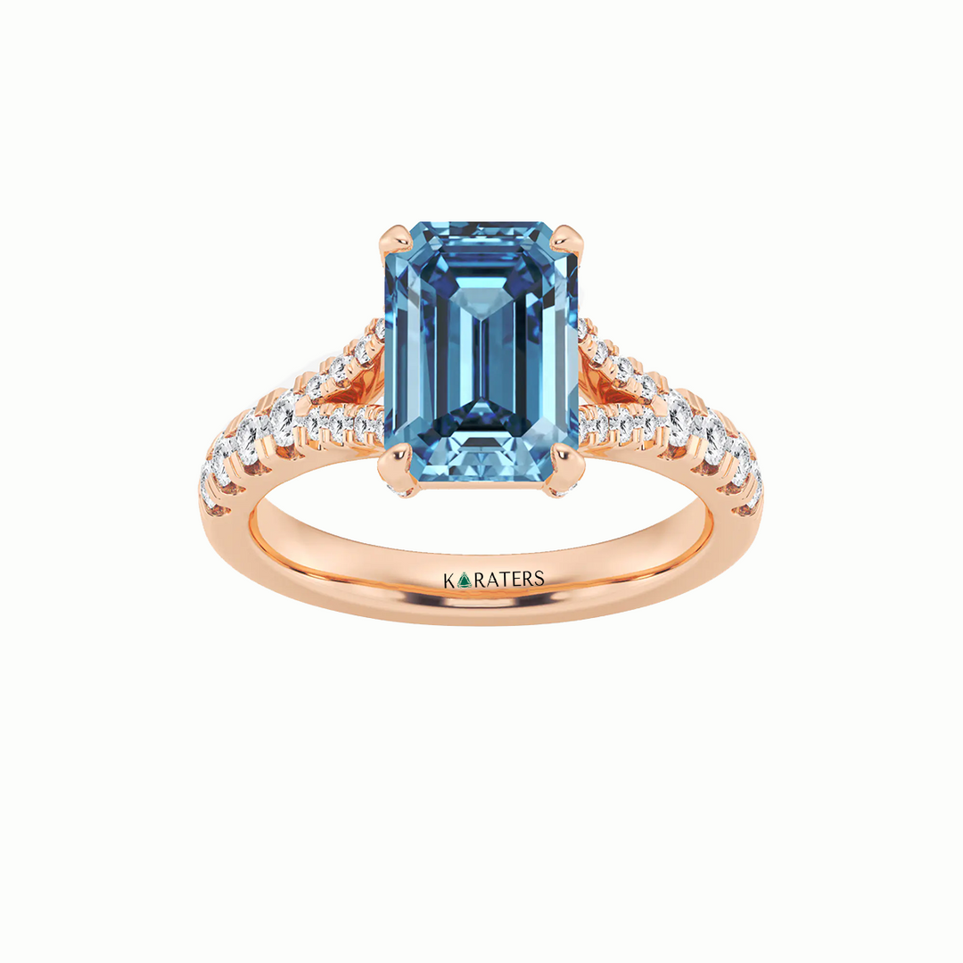 Fancy Blue Emerald Shape Lab Grown Diamond Split Shank Engagement Ring Rose Gold 18K