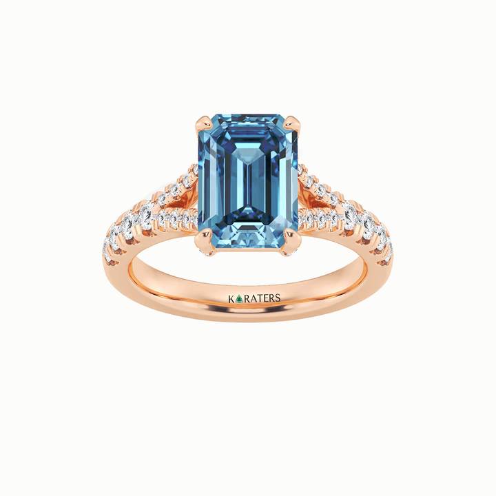 Fancy Blue Emerald Shape Lab Grown Diamond Split Shank Engagement Ring Rose Gold 18K