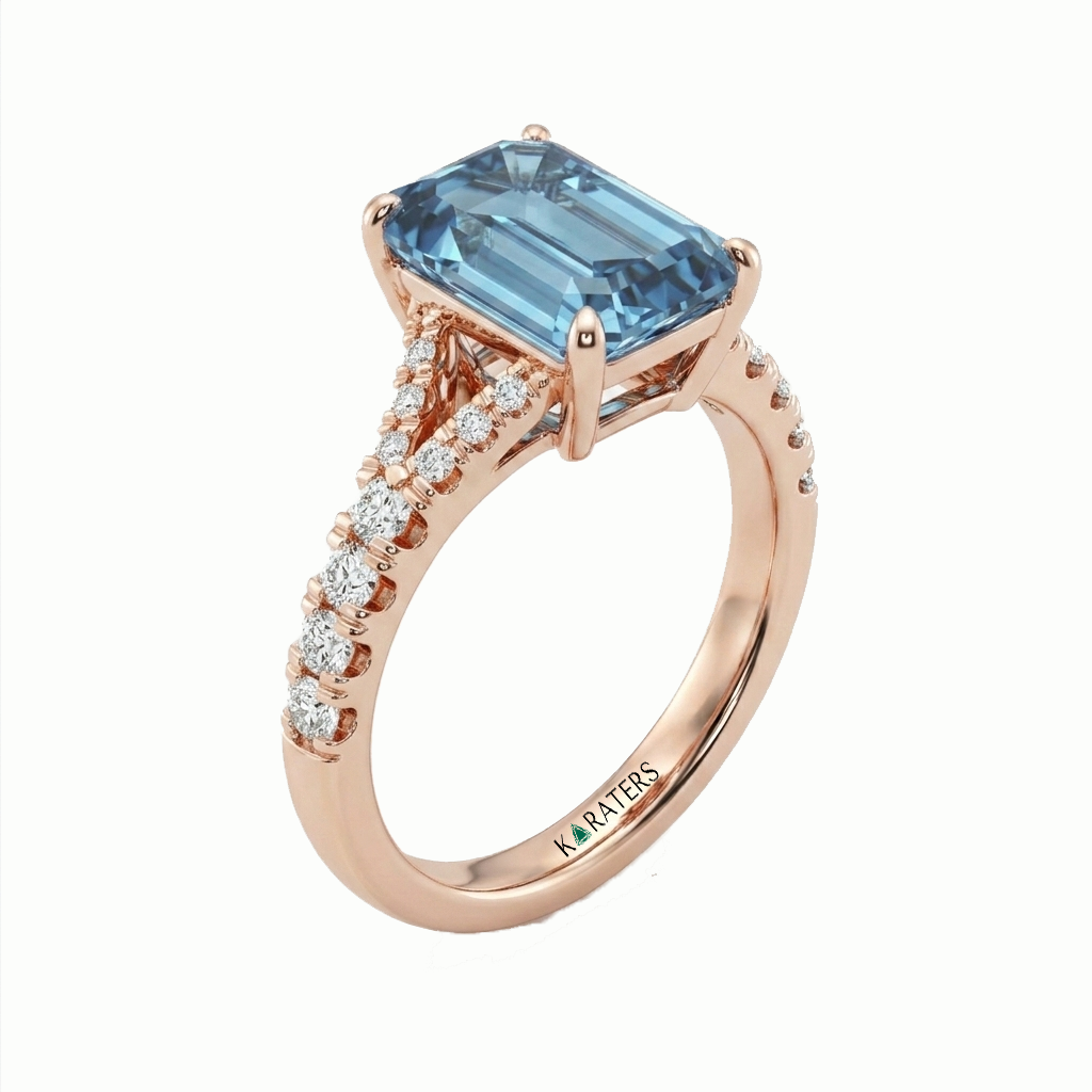 Fancy Blue Emerald Shape Lab Grown Diamond Split Shank Engagement Ring Rose Gold 14K