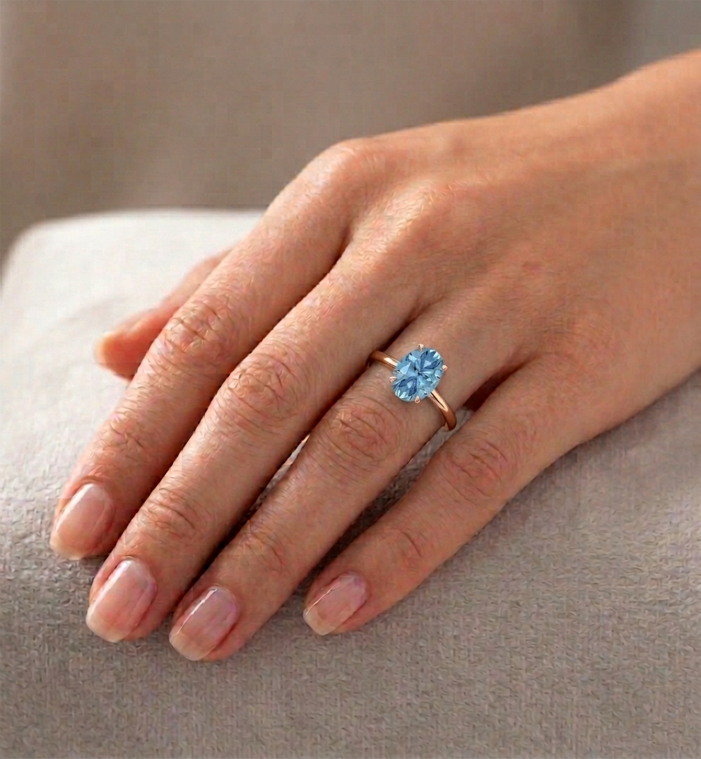 Fancy Blue Oval Shape Solitaire Lab Grown Diamond Engagement Ring  Rose Gold