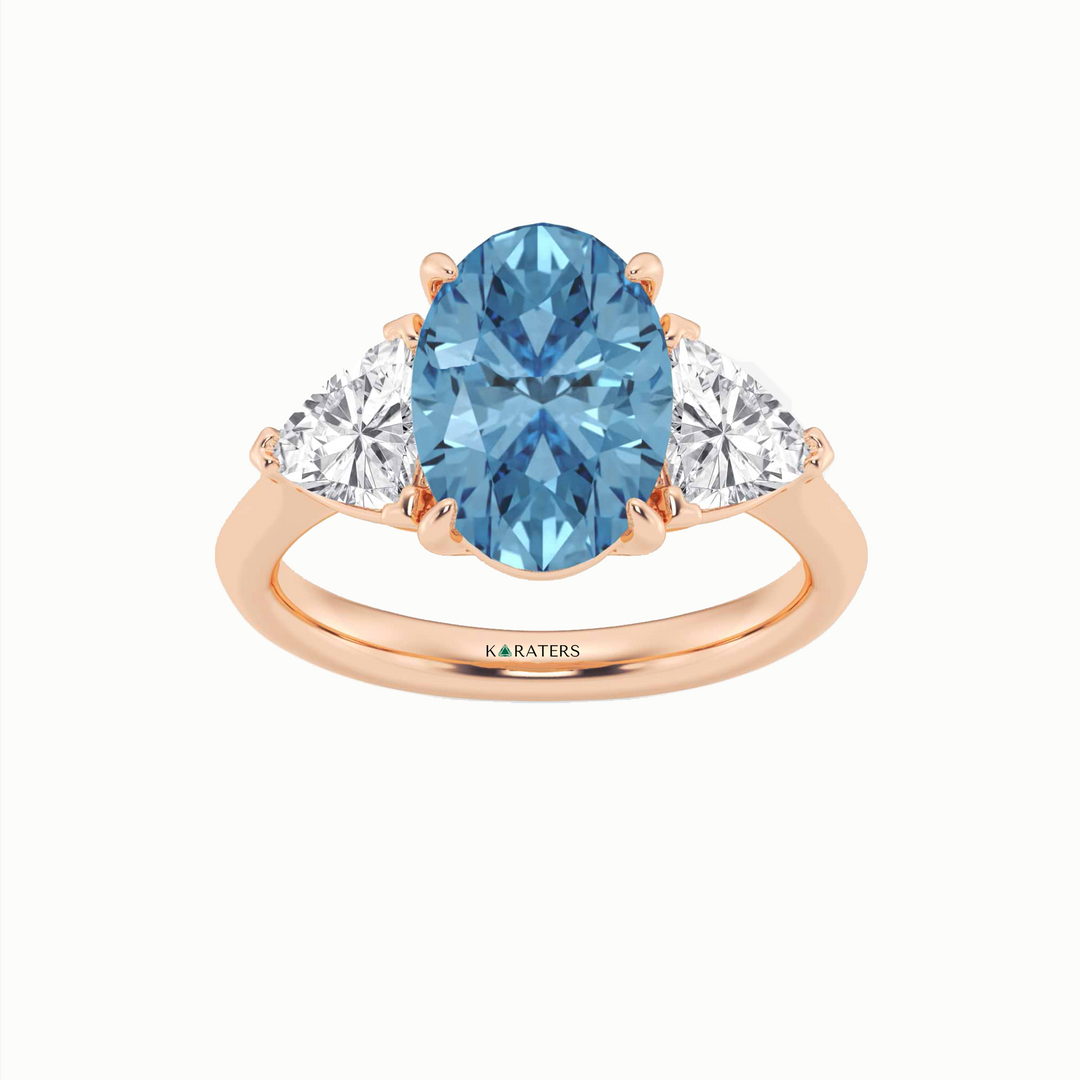 Fancy Blue Oval Shape Lab Grown Diamond Engagement Ring with Trillion Sidestones Rose Gold 18K