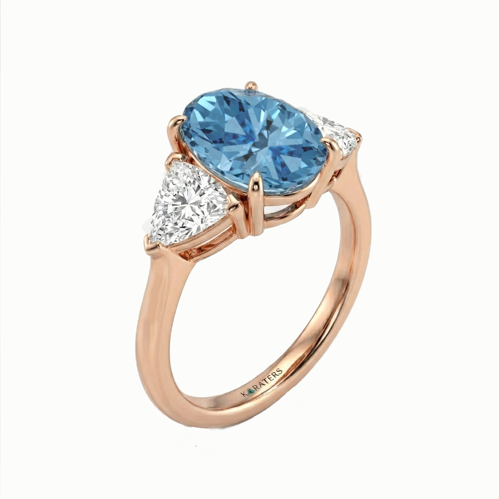 Fancy Blue Oval Shape Lab Grown Diamond Engagement Ring with Trillion Sidestones Rose Gold 14K