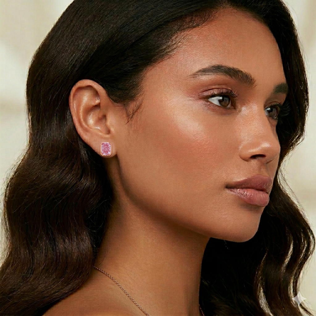 Bezel Set Fancy Pink Radiant Cut Lab Grown Diamond Studs RG lifestyle